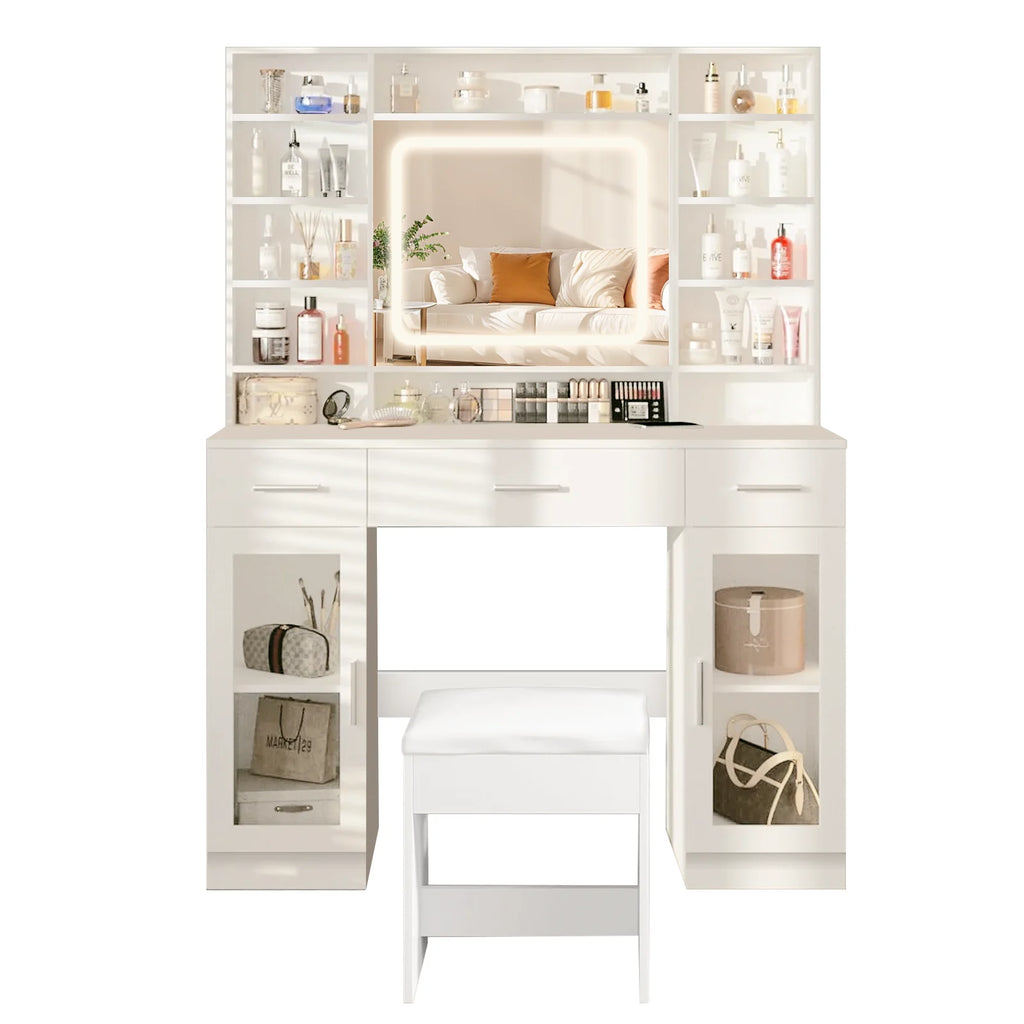 Tocador con espejo LED, 3 colores de luz y táctil, 3 cajones, 2 armarios, vitrina, estantes, taburete, blanco.