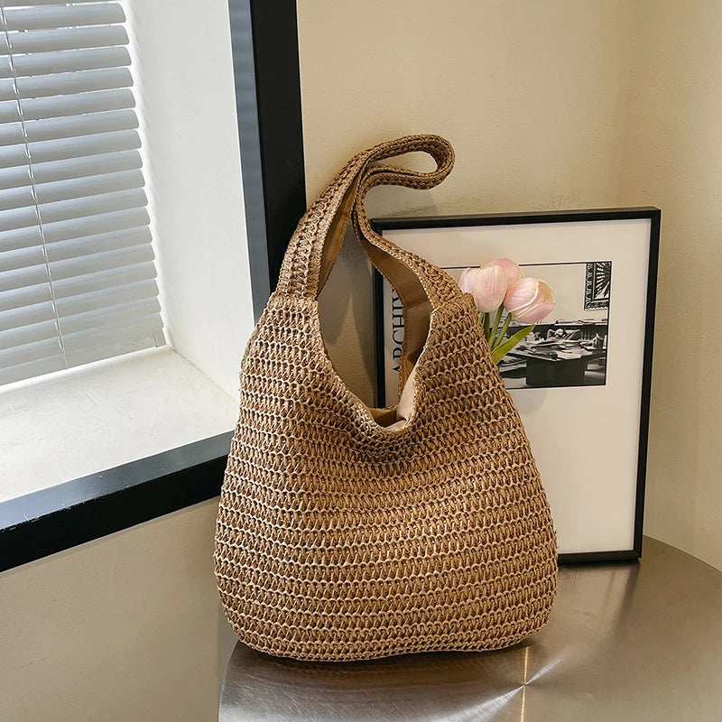 Bolsos de hombro de ratán para mujer, bolsos de mano tejidos para mujer, bolsos de paja de gran capacidad para la playa de verano, bolsos de mano informales.