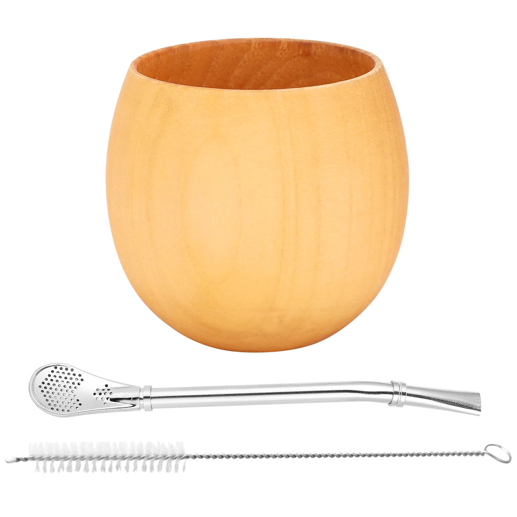 Juego de mate de madera para yerba mate, hecho a mano con madera natural, taza de café mate con cuchara, pajita, bombilla y cepillo, 200 ml (ligero).