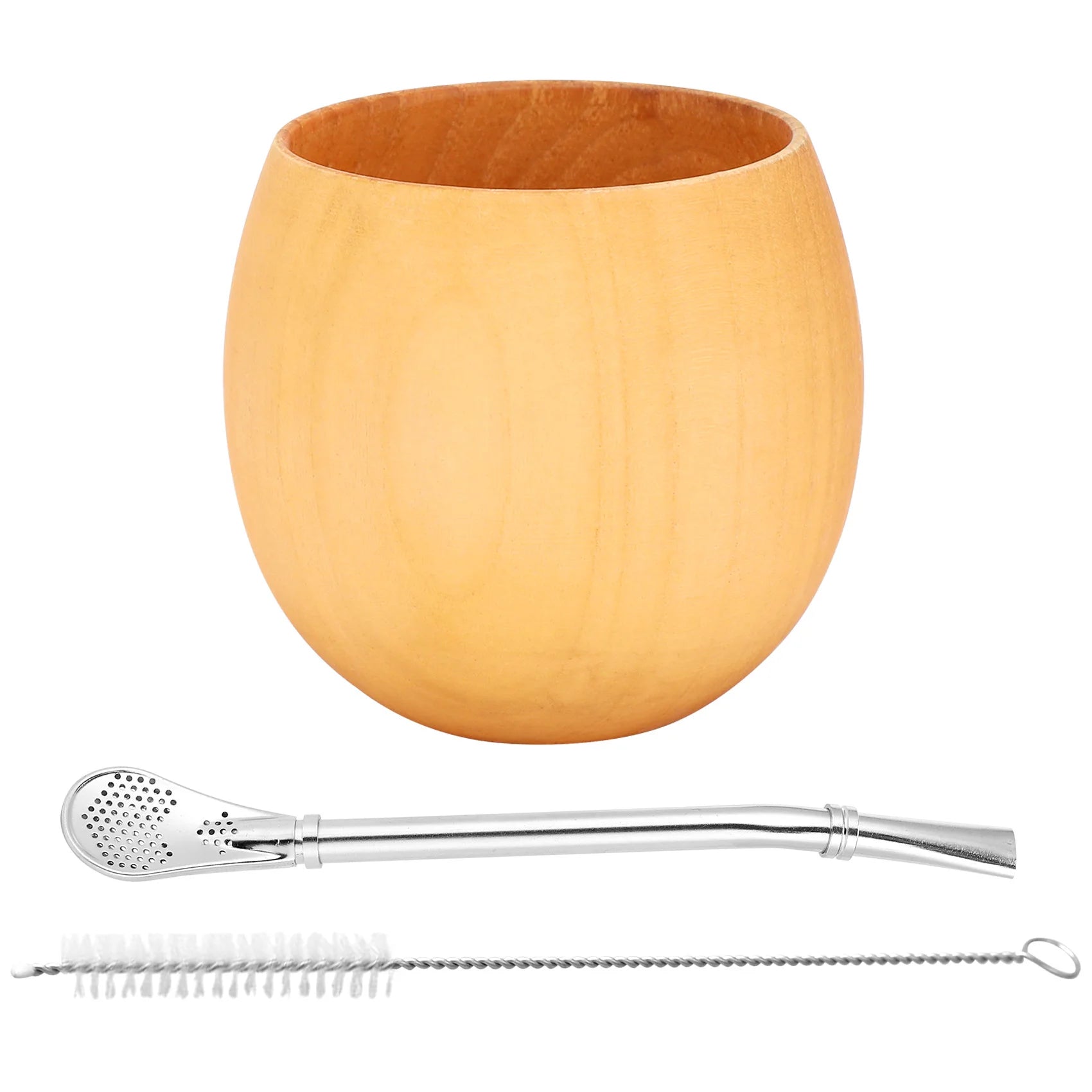 Juego de mate de madera para yerba mate, hecho a mano con madera natural, taza de café mate con cuchara, pajita, bombilla y cepillo, 200 ml (ligero).