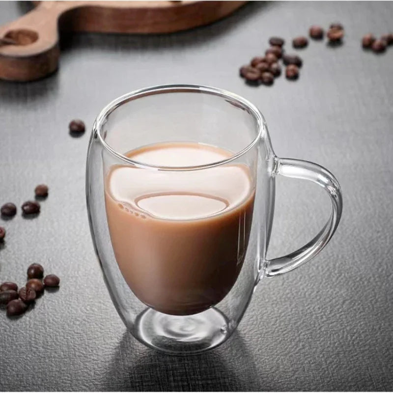 Taza de vidrio de borosilicato de doble pared transparente resistente al calor con asa, ideal para café, leche, zumo o agua. Regalo perfecto para amantes del café.