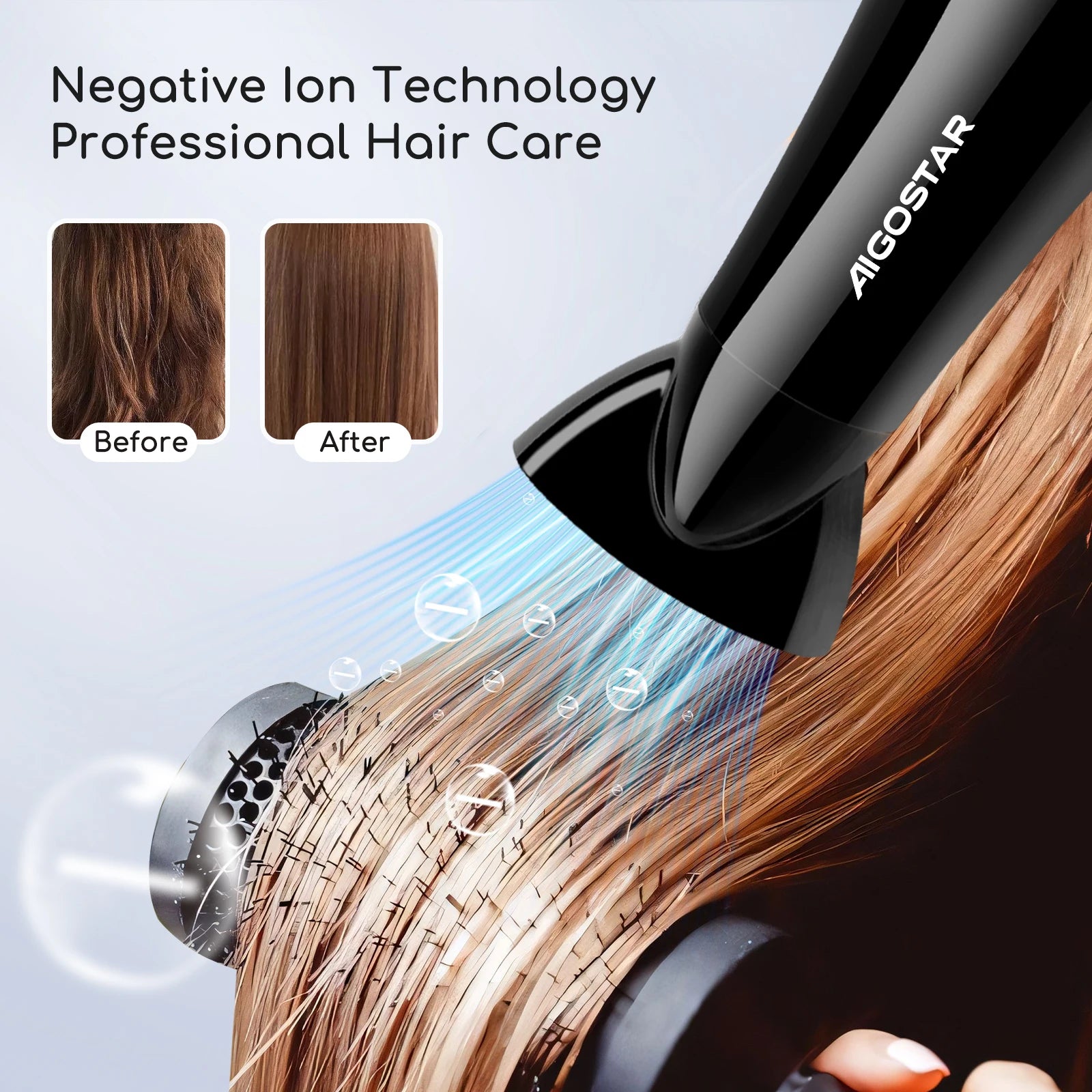 Secador de pelo profesional, iones negativos, 2 velocidades, 3 niveles de temperatura + aire frío, difusor y concentrador, 2400 W.