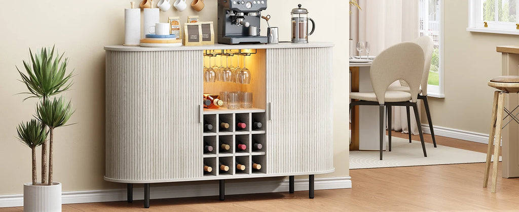 Wine Bar Cabinet w/ LED Light,Liquor Cabinet for Home,Coffee Bar Cabinet w/ Wine Rack & Glass Holder,Walnut Buffet Sideboard