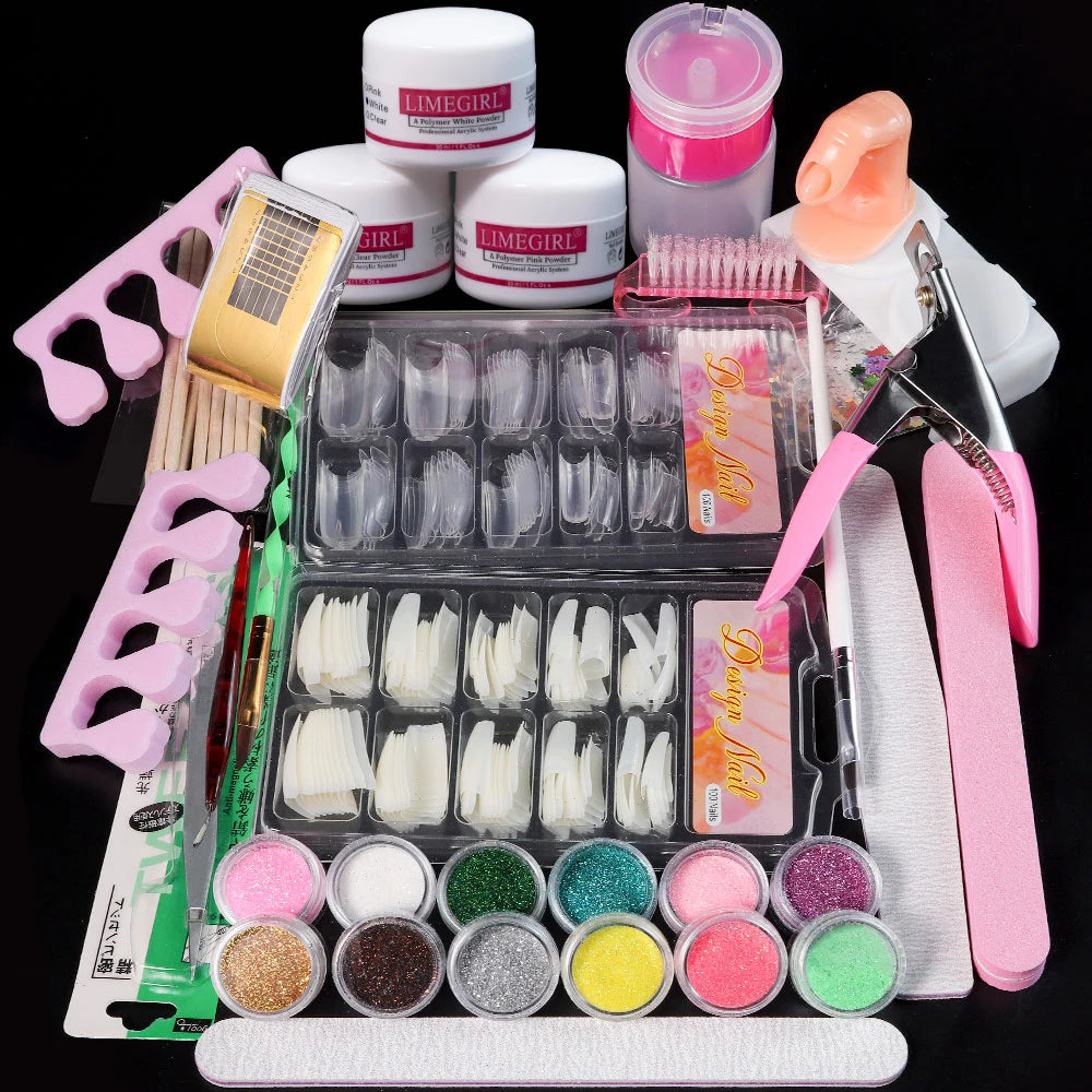 Polvo acrílico para uñas y monómero líquido para decoración de uñas, kit de manicura, purpurina de cristal para uñas, puntas de uñas 3D, herramientas para esculpir uñas