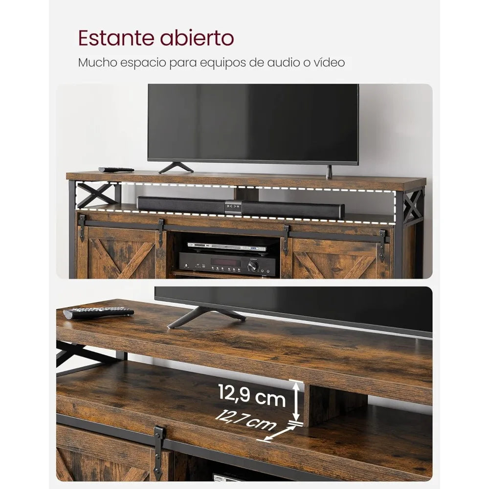 Mueble para TV de 65 pulgadas con soporte para TV con estantes ajustables, puertas corredizas estilo granja y marco.