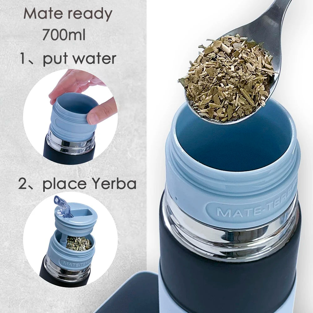 TERMO de acero inoxidable con aislamiento al vacío, portátil con pajita filtrante, para preparar té de hojas sueltas y yerba mate.
