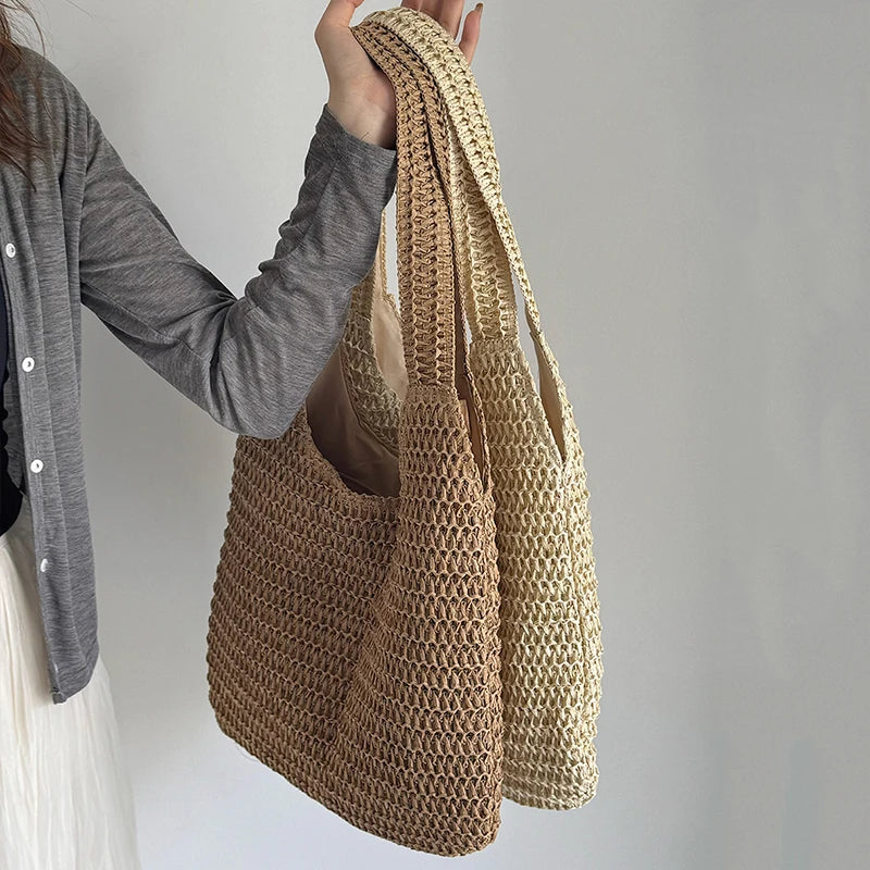 Bolsos de hombro de ratán para mujer, bolsos de mano tejidos para mujer, bolsos de paja de gran capacidad para la playa de verano, bolsos de mano informales.