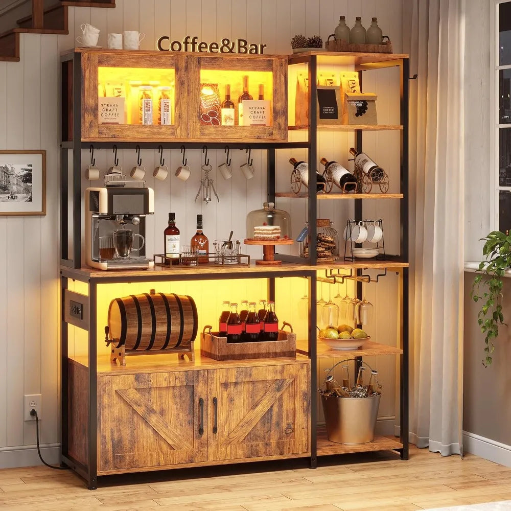 45.3 Inch Farmhouse Bakers Rack, Coffee Bar Cabinet with Power Outlet, LED Light & Microwave Storage