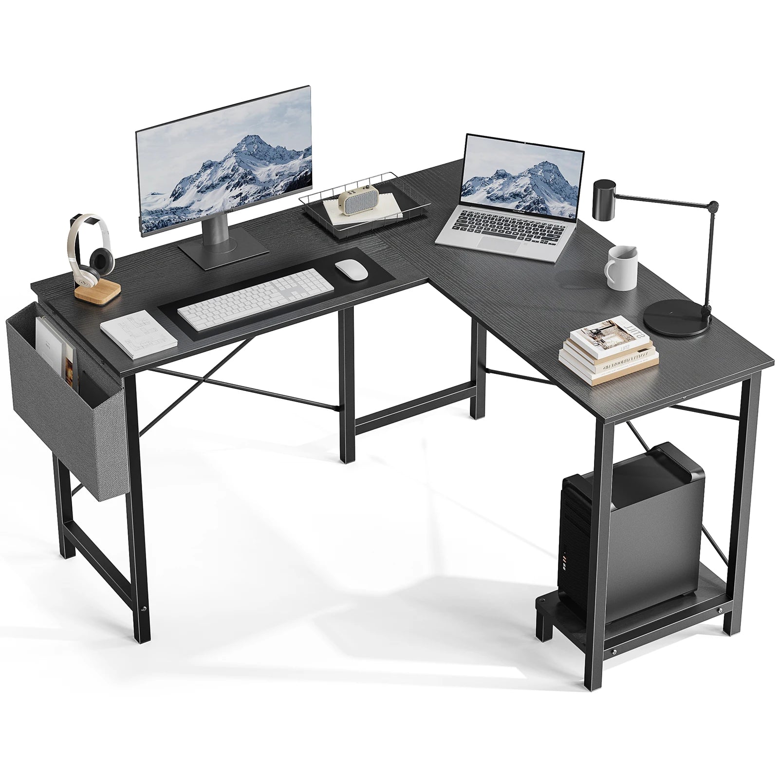 JHK Gaming Corner 50 Inch Office Writing PC Wooden Table with CPU Storage Shelf & Side Bag for Home Office Bedroom Small Space