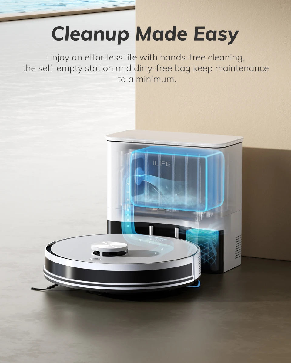 ILIFE A30 PRO, aspiradora y fregona robot con potencia de succión de 5000 Pa, vaciado automático, capacidad para 60 días, control por aplicación/mando a distancia, autonomía de 180 minutos.