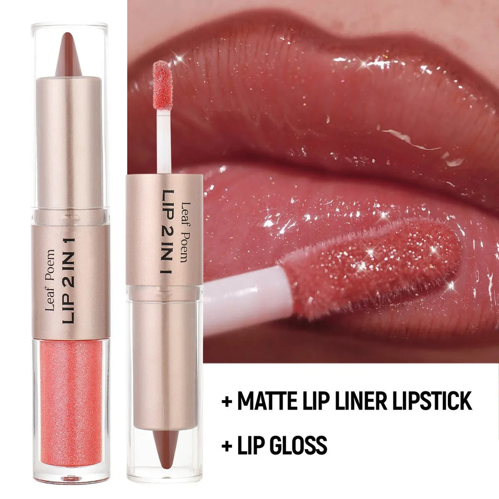 Delineador de labios 2 en 1 cónico degradado, brillo labial nude marrón efecto espejo, delineador de labios mate, resistente al agua, contorno de labios, maquillaje no pegajoso.