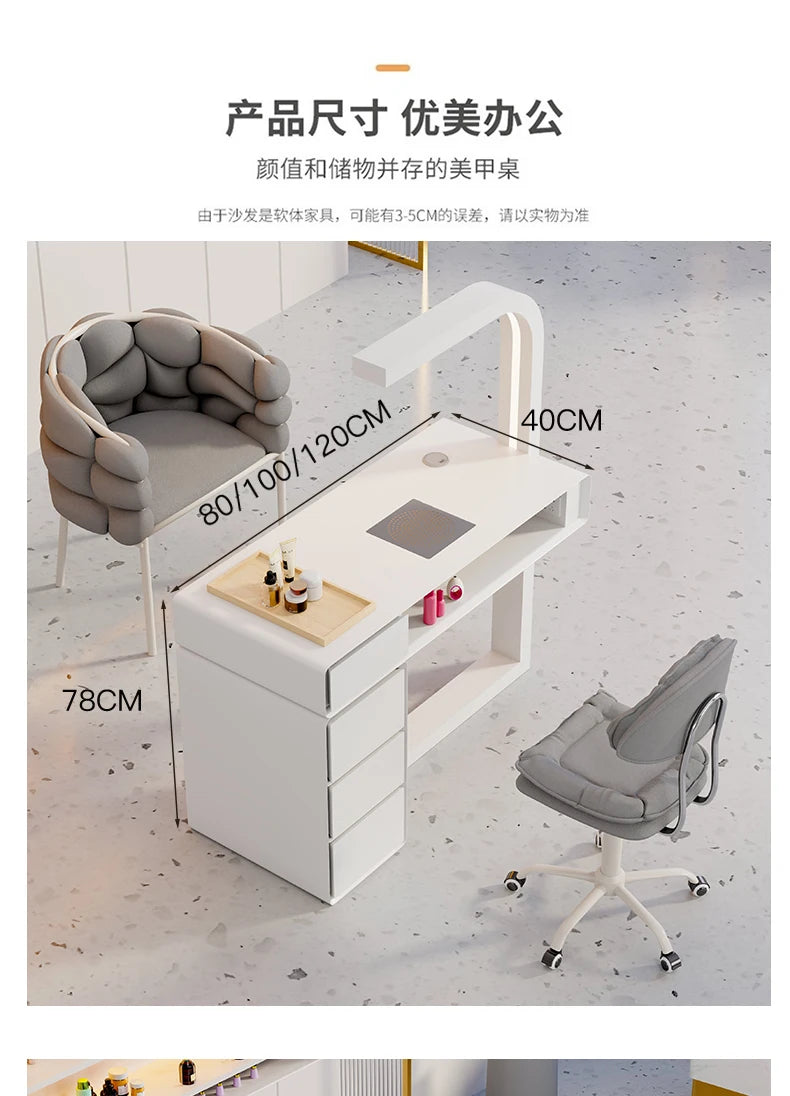 Cream Dust Collector Manicure Table With Lamp French Beauty Storage Nail Table Minimalist Aesthetic Table Ongle Salon Furniture