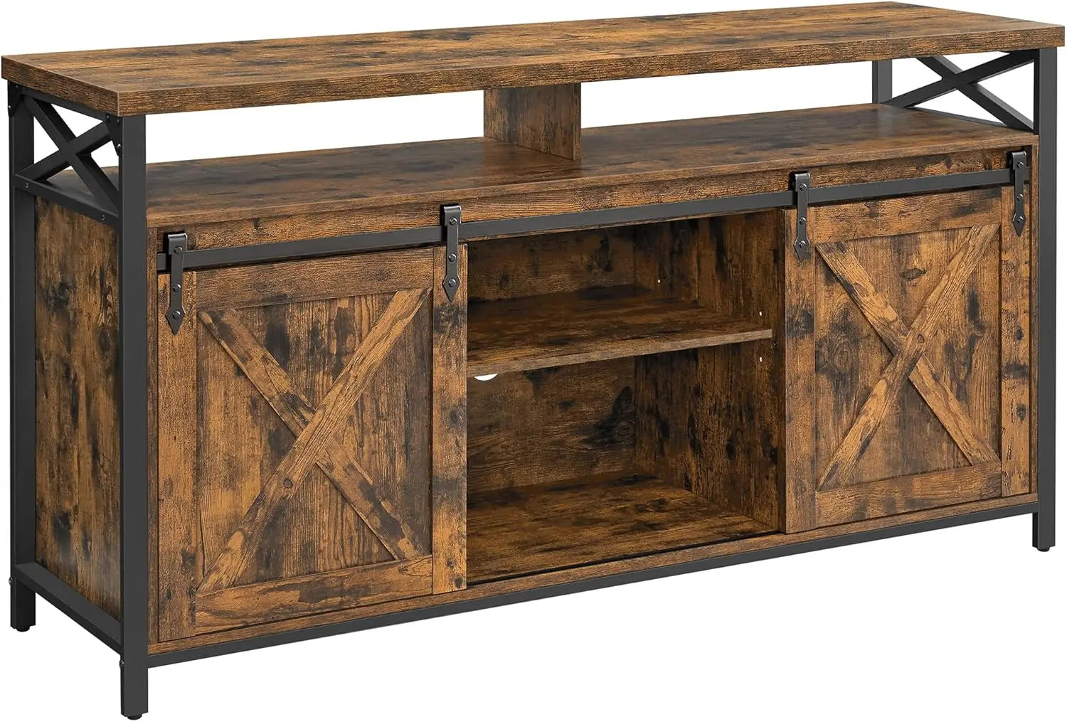 Mueble para TV de 65 pulgadas con soporte para TV con estantes ajustables, puertas corredizas estilo granja y marco.