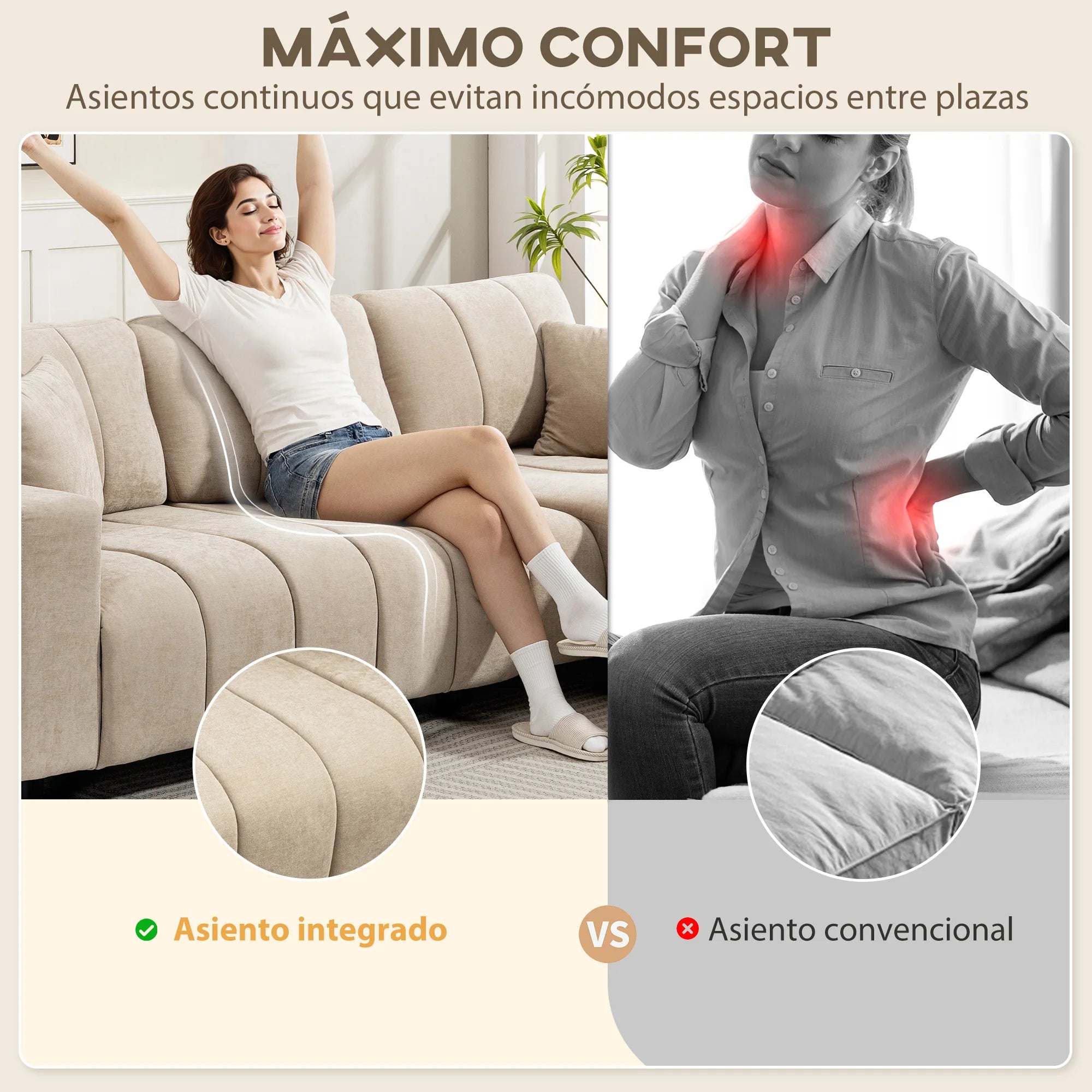 Sofá esquinero reversible Homcom con chaise longue, 3 plazas, 2 cojines, tapizado en lino, estructura de acero, para salón, 242 x 156 x 87 cm, color beige.
