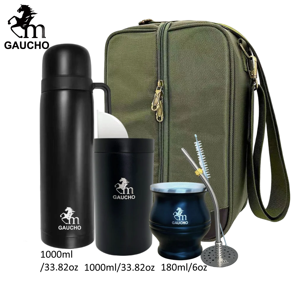 1 juego/lote de kits de viaje Gaucho Yerba Mate. Incluye termo de acero inoxidable, calabazas, bombilla, pajita y lata de té.
