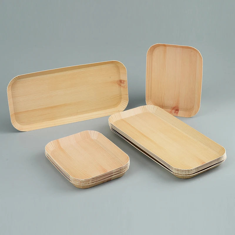 10/20 unidades de platos rectangulares desechables de madera, bandeja de papel, vajilla para postres, pan y ensaladas, accesorios de mesa para cenas y fiestas.