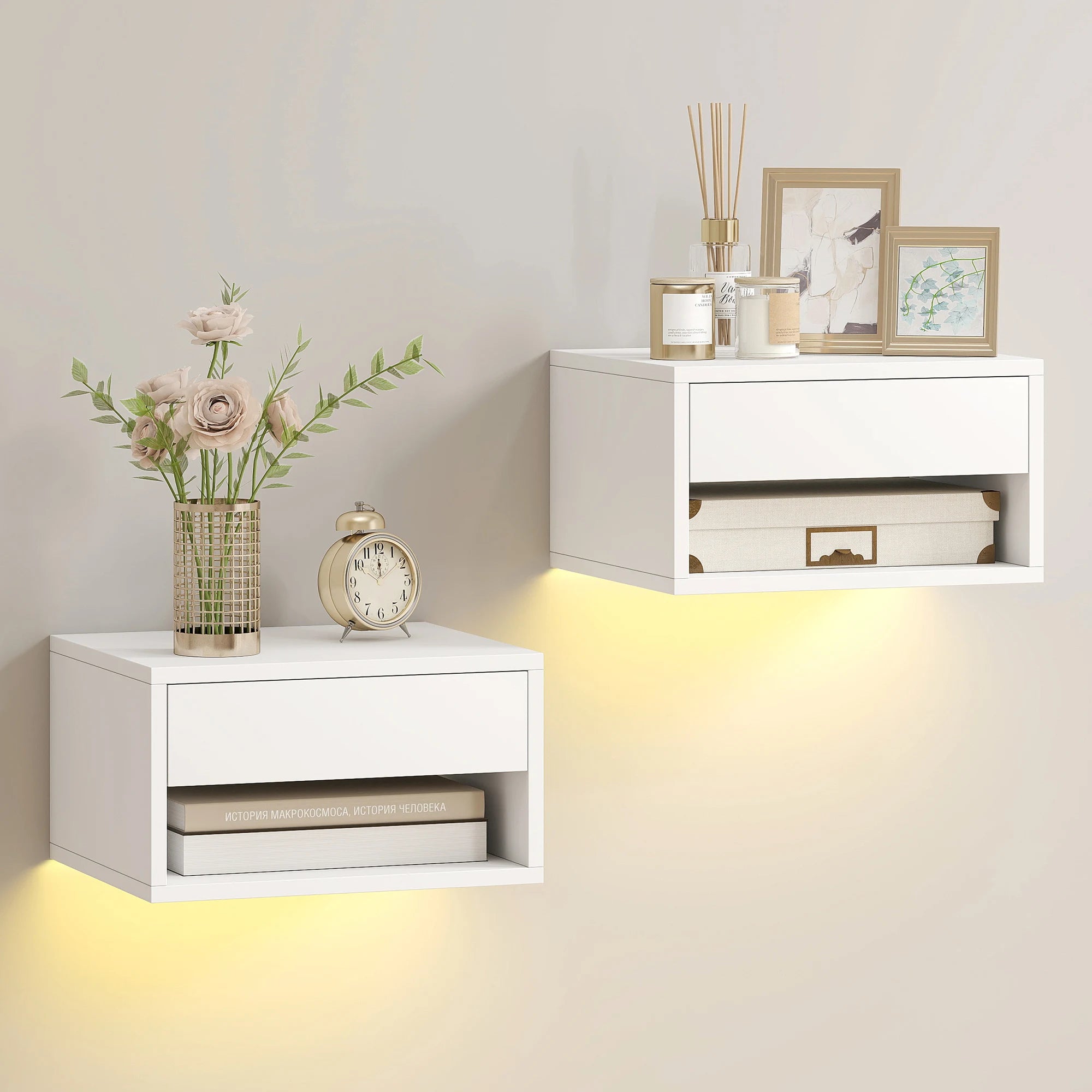 Juego de 2 mesitas de noche flotantes Homcom con luces LED RGB y control por aplicación, mesitas de noche para dormitorio con cajón y estante abierto, ideales para sala de estar, 37 x 32 x 21 cm.