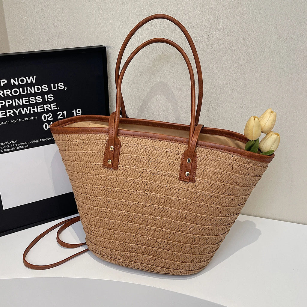 Bolso de un solo hombro, bolso de paja tejido estilo bosque para mujer, bolso de playa tejido para vacaciones, bolso de verano hecho a mano, nuevo estilo para combinar con faldas, bolso grande para ir al trabajo, al trabajo y a viajar.