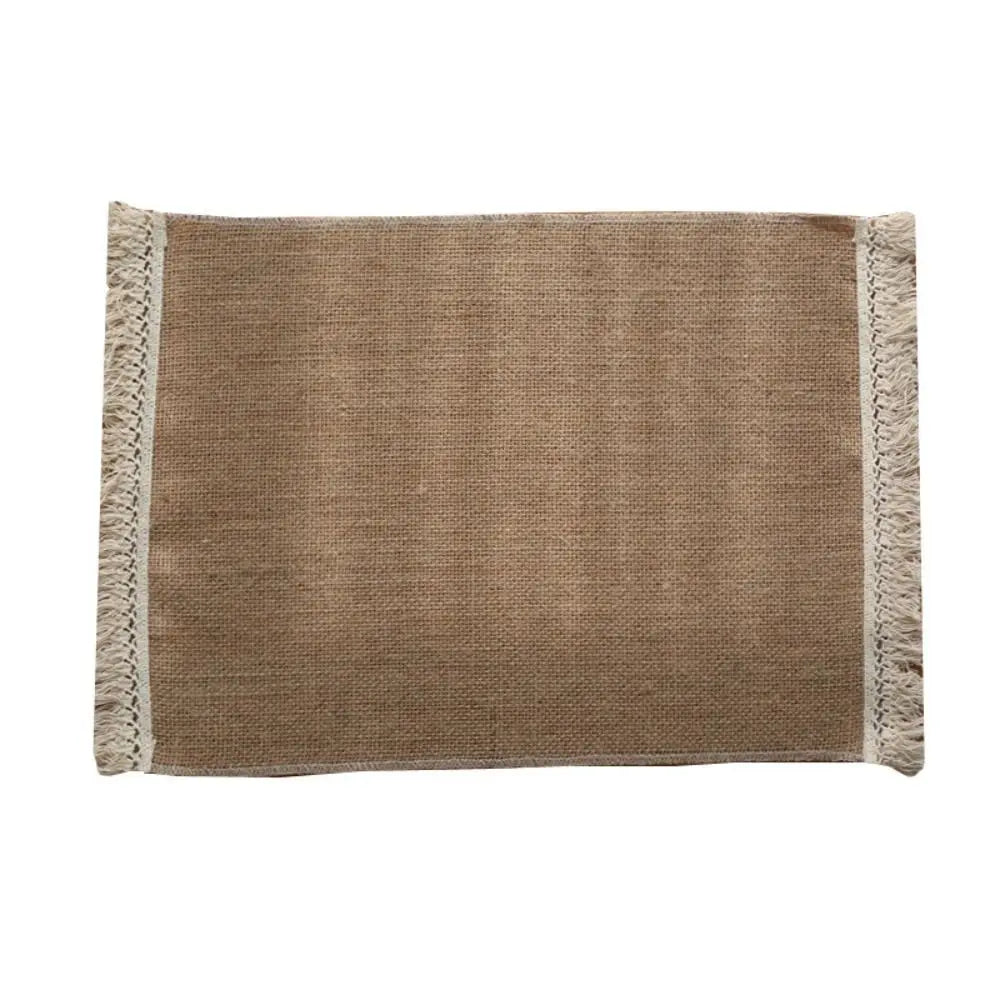 1 unidad de manteles individuales cuadrados creativos para mesa de comedor con encaje, de yute natural. Manteles individuales para mesa de comedor y cocina. Decoración de mesa de yute color caqui.