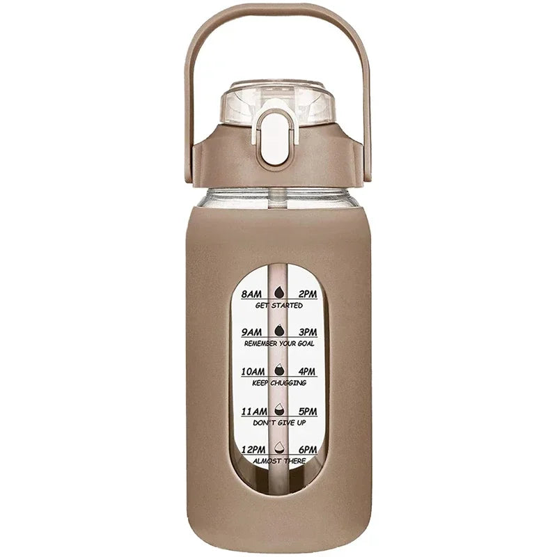 Botellas de agua de vidrio de 1000 ml con pajita, botella de vidrio con funda de silicona y marcador de tiempo, para gimnasio, camping, hogar y oficina.