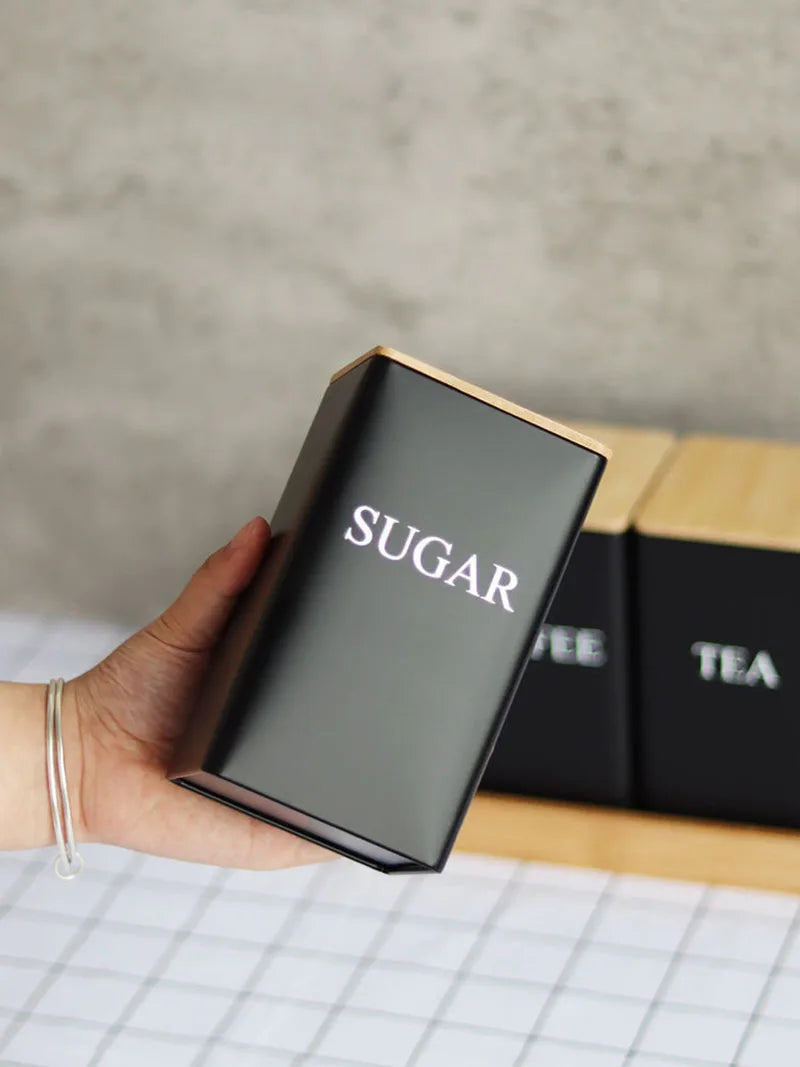 Recipiente para granos de café con tapa de bambú, estilo sencillo, tarros de metal para té, café y azúcar, lata de té, utensilios de cocina.