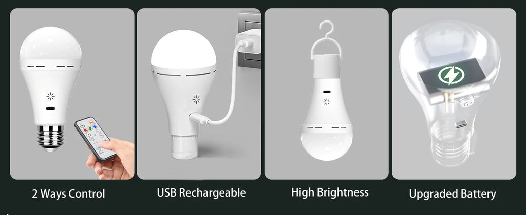 Bombilla recargable USB-C - 3 colores, control remoto/regulable/temporizador, 1800 mAh para sala de estar, dormitorio