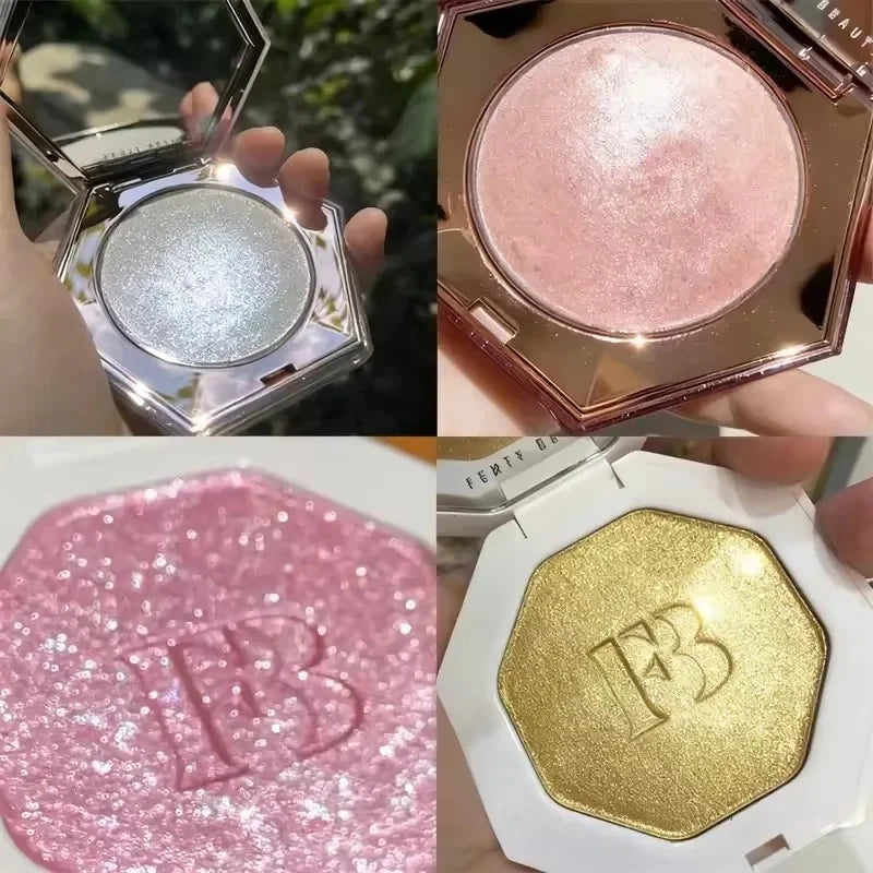 Maquillaje con barra de contorno multicolor de Fenty Beauty, corrector facial mate 3D Diamond Highlight, brillo labial a base de agua que no se desvanece.