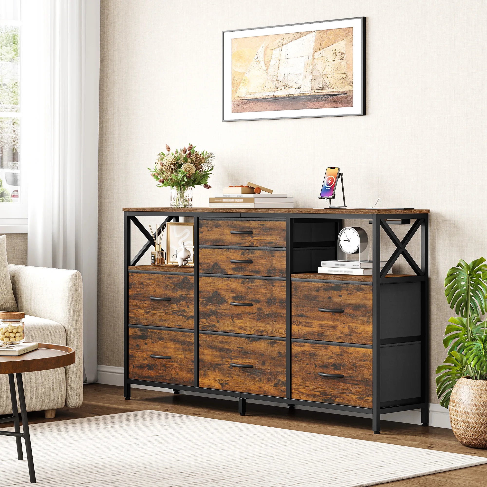 Chest of Drawers 140 cm,2 USB & 2 AC Ports,with 8 Drawers Made of Fabric, Versatile Storage Furniture for Living,Bedroom,Vintage