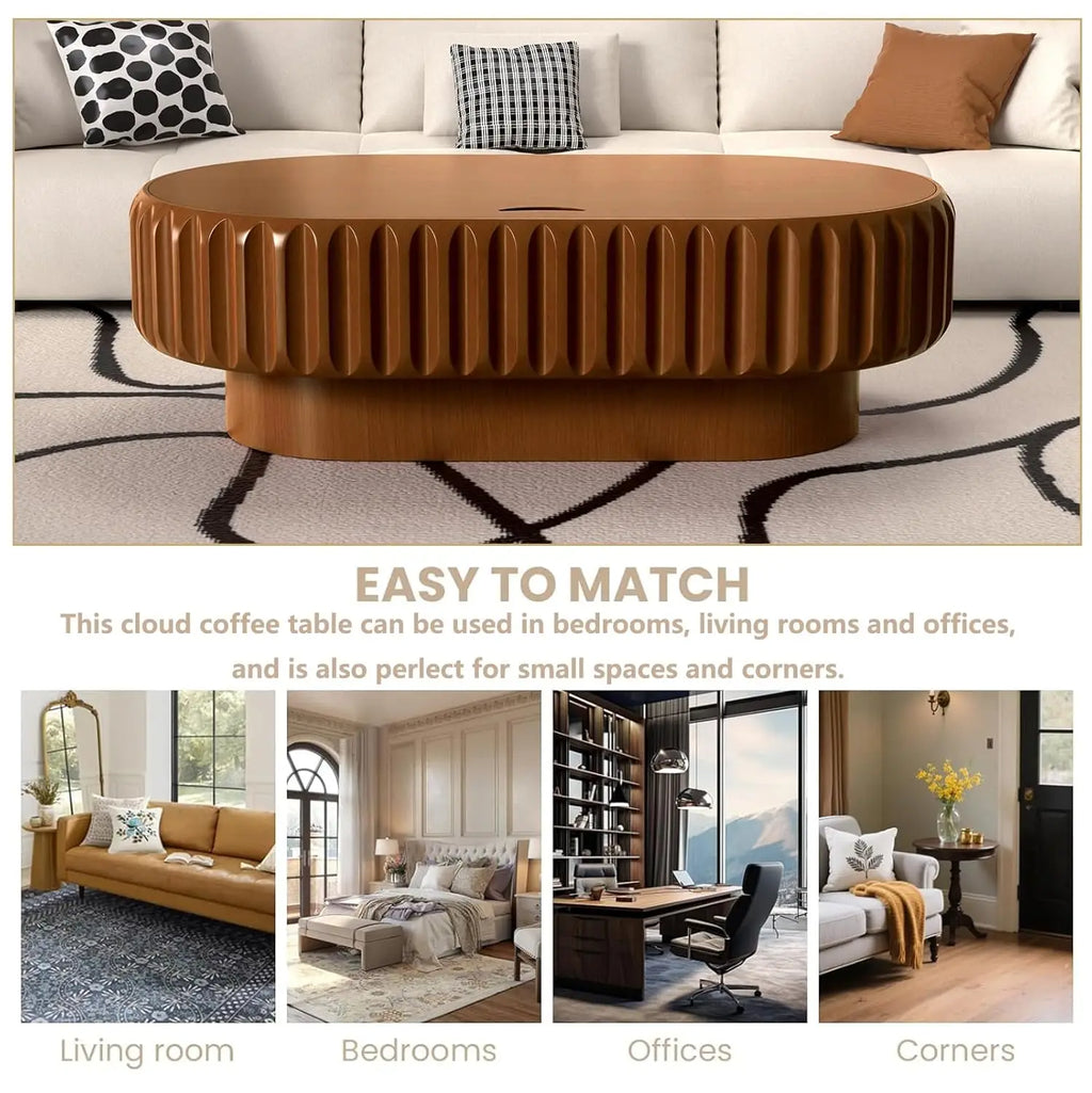 43.3'' Oval Coffee Table with Storage for Living Room, Modern Oval Drum Fluted Coffee Table with Wood Veneered, Customized