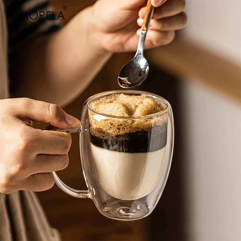 2/4/6 unidades Taza de café de vidrio de doble pared de 350 ml con asa Taza de capuchino de vidrio transparente Taza de café, té con leche, jugo y té