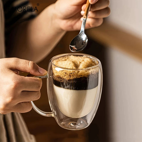 2/4/6 unidades Taza de café de vidrio de doble pared de 350 ml con asa Taza de capuchino de vidrio transparente Taza de café, té con leche, jugo y té