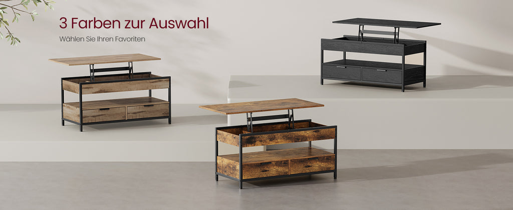 VASAGLE coffee table, height adjustable living room table, coffee table, with drawers, open compartment, 50x100 x (48-63)cm