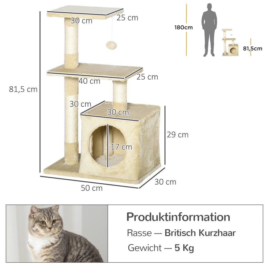 Rascador PawHut con sisal, muebles para gatos con juguetes de peluche, color beige, altura 81,5 cm.