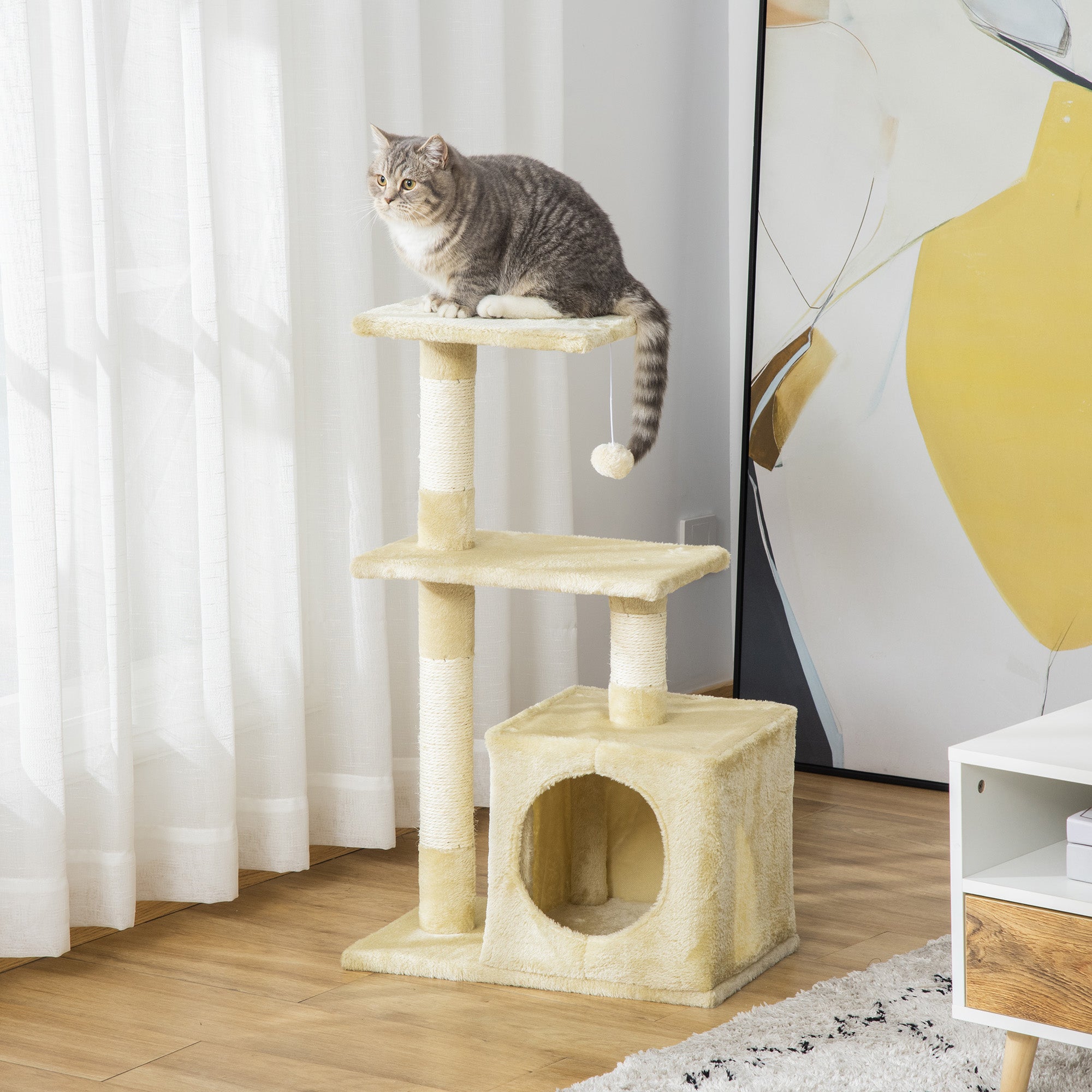 Rascador PawHut con sisal, muebles para gatos con juguetes de peluche, color beige, altura 81,5 cm.