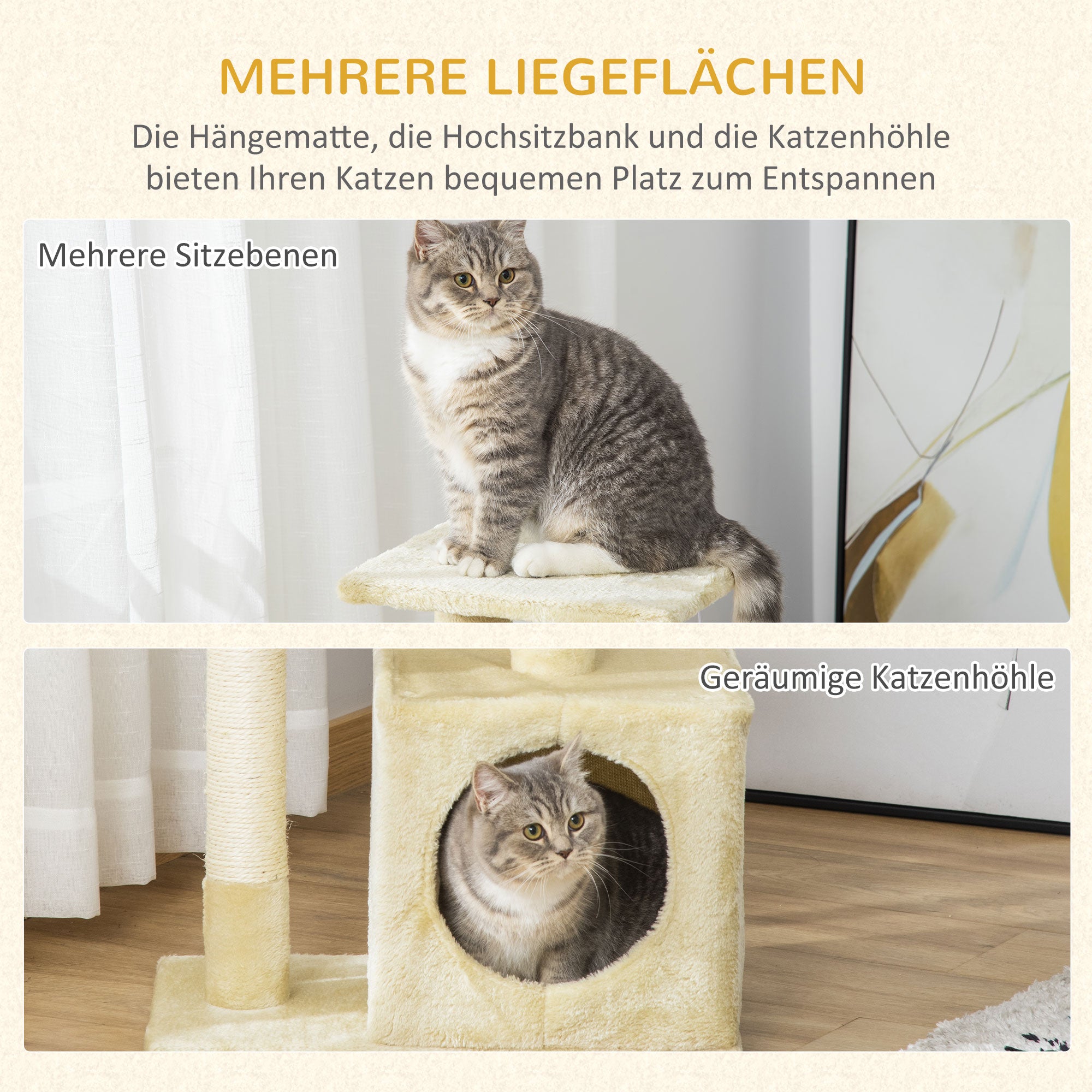 Rascador PawHut con sisal, muebles para gatos con juguetes de peluche, color beige, altura 81,5 cm.