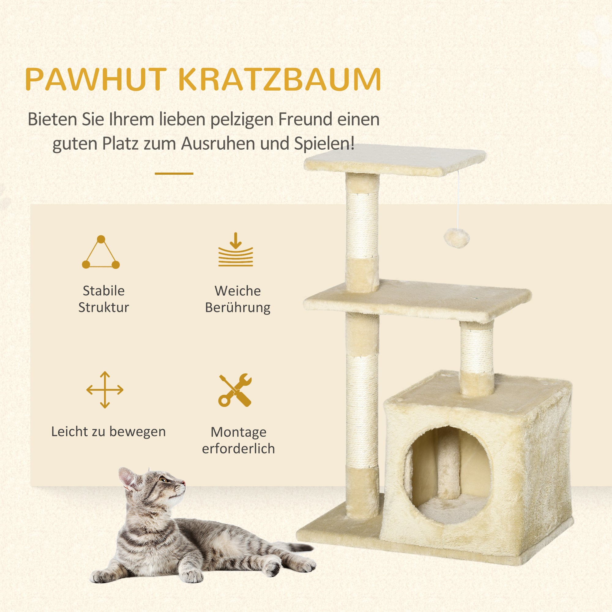 Rascador PawHut con sisal, muebles para gatos con juguetes de peluche, color beige, altura 81,5 cm.